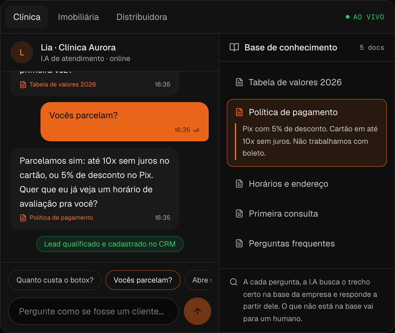 Demo da I.A de atendimento: conversa e base de conhecimento lado a lado